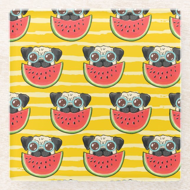 Posavasos De Vidrio Sandía De Perro Pug: Verano Sin Marea. (Anverso)