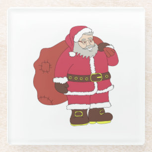 Posavasos De Vidrio Santa Claus de rojo con bolsa de regalo y anteojos
