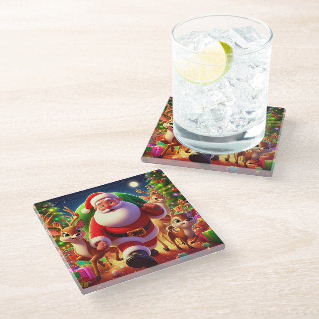 Posavasos De Vidrio Santa Claus y 2 ilustraciones de renos (Angular)