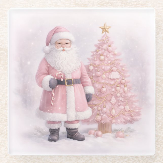 Posavasos De Vidrio Santa de Navidad de Rosa Pastel  (Anverso)