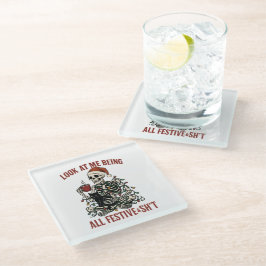 Posavasos De Vidrio Santa Skeleton with Cat Holiday Snark