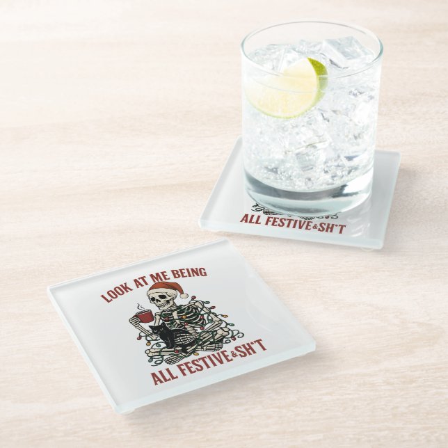 Posavasos De Vidrio Santa Skeleton with Cat Holiday Snark (Angular)
