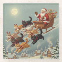 Santa Sleigh with Flying Cats Glass Coaster