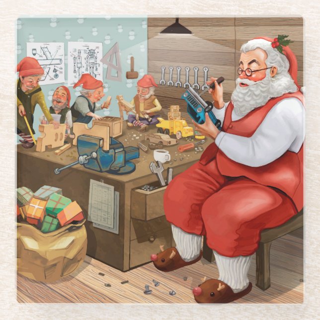 Posavasos De Vidrio Santa Y Elves Haciendo Juguetes | NAVIDADES (Anverso)