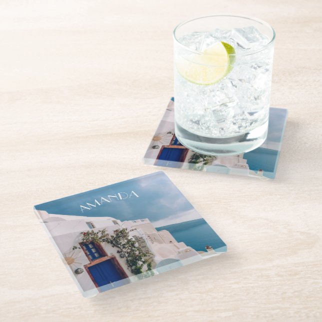 Posavasos De Vidrio Santorini Grecia - puerta azul en santorini grecia (Angular)