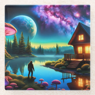 Posavasos De Vidrio Sasquatch Vigilando nebulosas en un planeta lejano