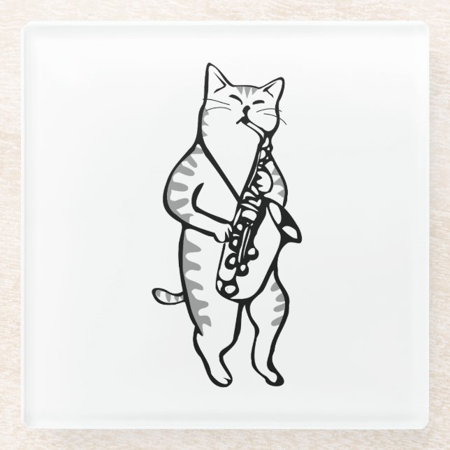 Posavasos De Vidrio Saxofón Instrumental Música Jazz Gato Almohadilla  (Anverso)