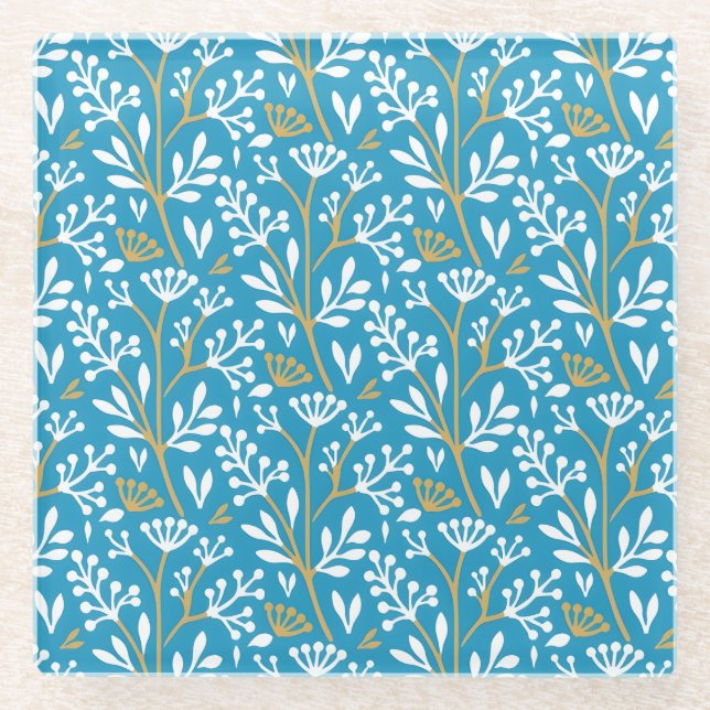 Posavasos De Vidrio Seamless Floral Pattern: White and Gold on Blue (Anverso)