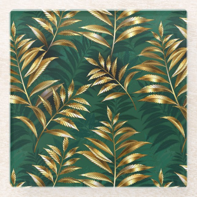 Posavasos De Vidrio Seamless pattern with golden ferns (Anverso)