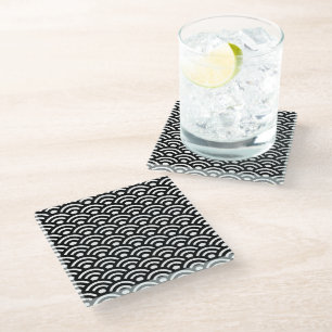 Posavasos De Vidrio Seigaiha, olas, japonés, blanco y negro