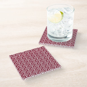 Posavasos De Vidrio Seigaiha, olas, japonés, burdeos y blanco