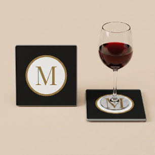 Posavasos De Vidrio Sello de centro monograma negro y dorado personali