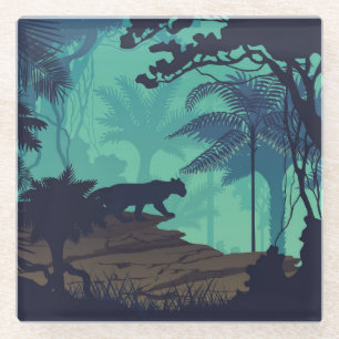 Posavasos De Vidrio Selva tropical, fondo de la noche jaguar.