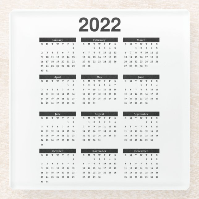 Posavasos De Vidrio Semana cuadrada del calendario mensual de 2022 (Anverso)