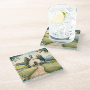 Posavasos De Vidrio Sendero de la Capilla Cottagecore Paisaje Pastel