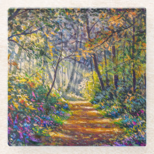 Posavasos De Vidrio Sendero del impresionismo: Sunny Forest Watercolor