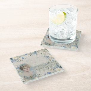 Posavasos De Vidrio Señora Victoriana Vintage Shabby Chic con Flores