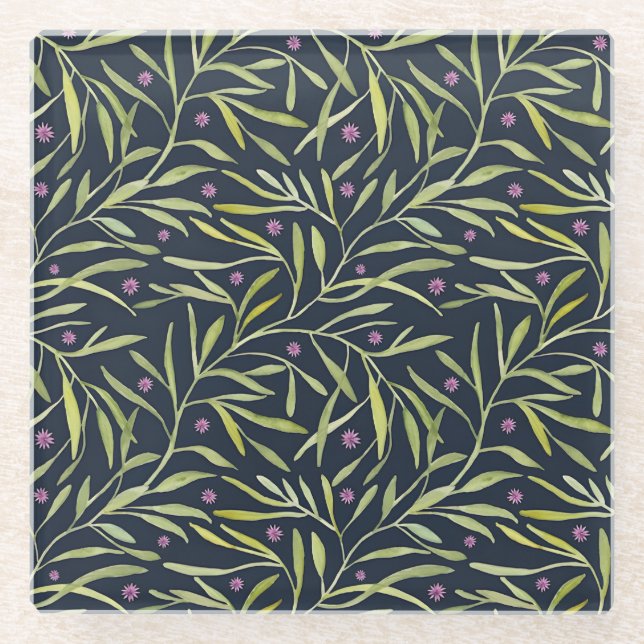 Posavasos De Vidrio Serenas Hojas Verdes con Flores Rosadas (Anverso)