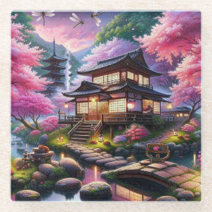 Posavasos De Vidrio Serene Jardín Japonés en la pintura al atardecer