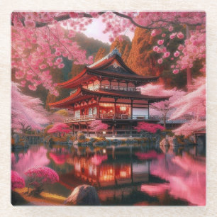 Posavasos De Vidrio Serene Jardín Japonés en pintura a todo florecimie