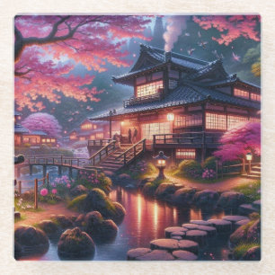 Posavasos De Vidrio Serene Jardín Japonés en Pintura de Crepúsculo