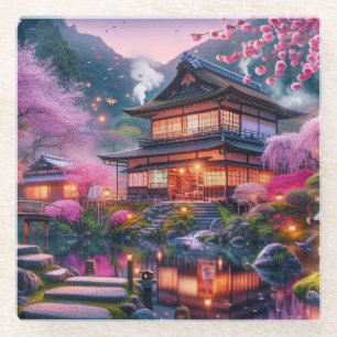 Posavasos De Vidrio Serene Jardín Japonés en Pintura de Crepúsculo