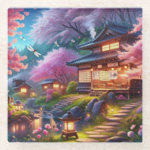 Posavasos De Vidrio Serene Jardín Japonés en Pintura de Crepúsculo