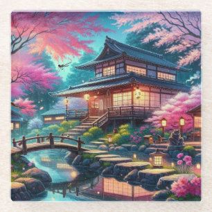 Posavasos De Vidrio Serene Jardín Japonés en Pintura de Crepúsculo