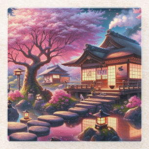 Posavasos De Vidrio Serene Jardín Japonés en Pintura de Crepúsculo