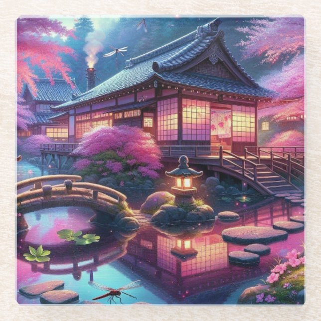Posavasos De Vidrio Serene Jardín Japonés en Pintura de Crepúsculo (Anverso)