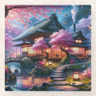 Posavasos De Vidrio Serene Jardín Japonés en Pintura de Crepúsculo