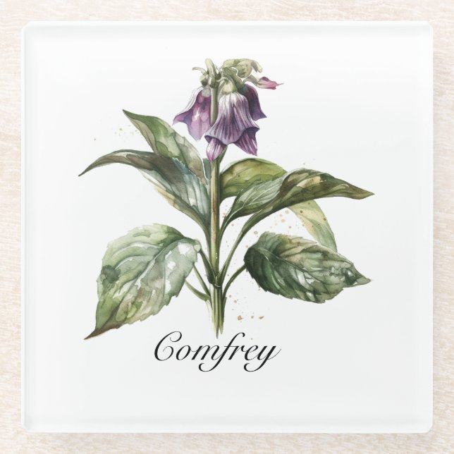 Posavasos De Vidrio Serene Watercolor Comfrey, personalizado (Anverso)