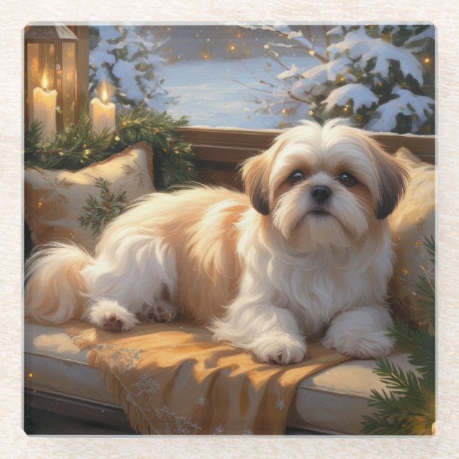 Posavasos De Vidrio Shih Tzu con vacaciones de Navidades alumbrados (Anverso)
