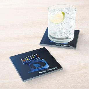 Posavasos De Vidrio Shiny Blue Chanukkah Menorah