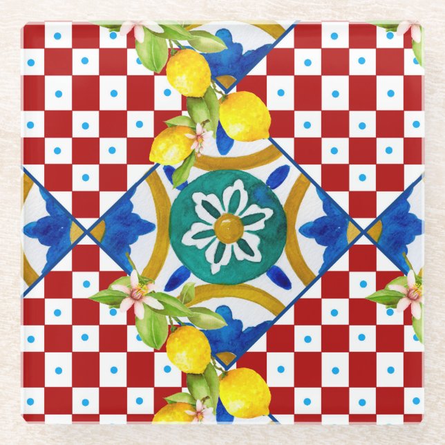 Posavasos De Vidrio Sicilia, mayólica, azulejos, servilleta de limones (Anverso)