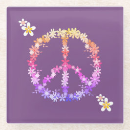 Posavasos De Vidrio Signo de paz con flores de colores