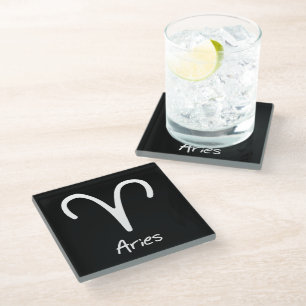 Posavasos De Vidrio Signo del Zodiaco Aries sobre Fondo Negro