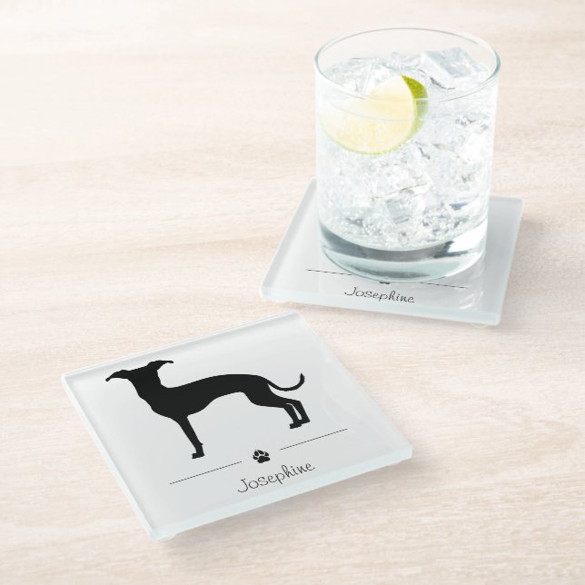 Posavasos De Vidrio Silhouette de Greyhound Italiana Con Vapor Y Texto (Angular)