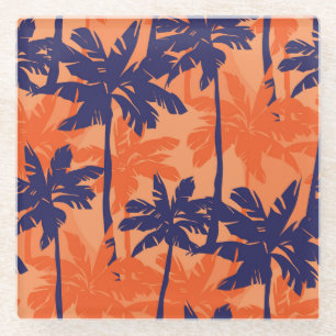 Posavasos De Vidrio Silueta de palmera azul, fondo naranja