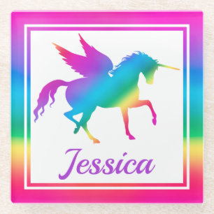Posavasos De Vidrio Silueta de unicornio con gradiente de arcoíris par