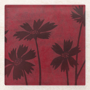 Posavasos De Vidrio Siluetas de Flowerhead en fondo carmesí