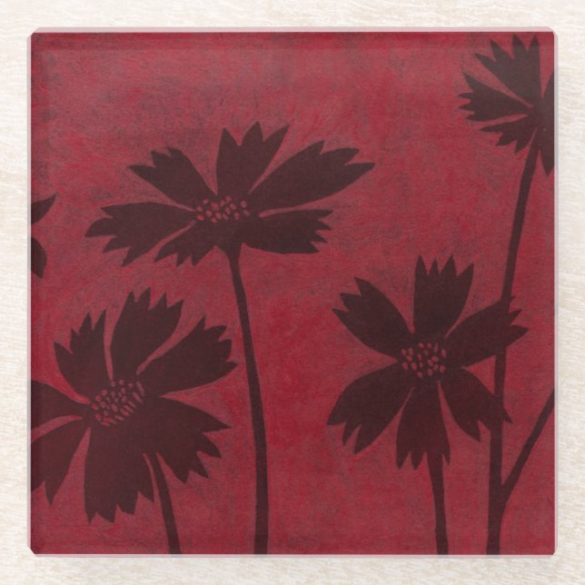 Posavasos De Vidrio Siluetas de Flowerhead en fondo carmesí (Anverso)