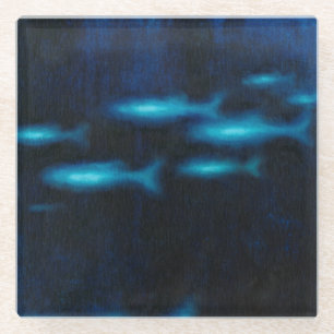 Posavasos De Vidrio Siluetas translúcidas azules de los pescados