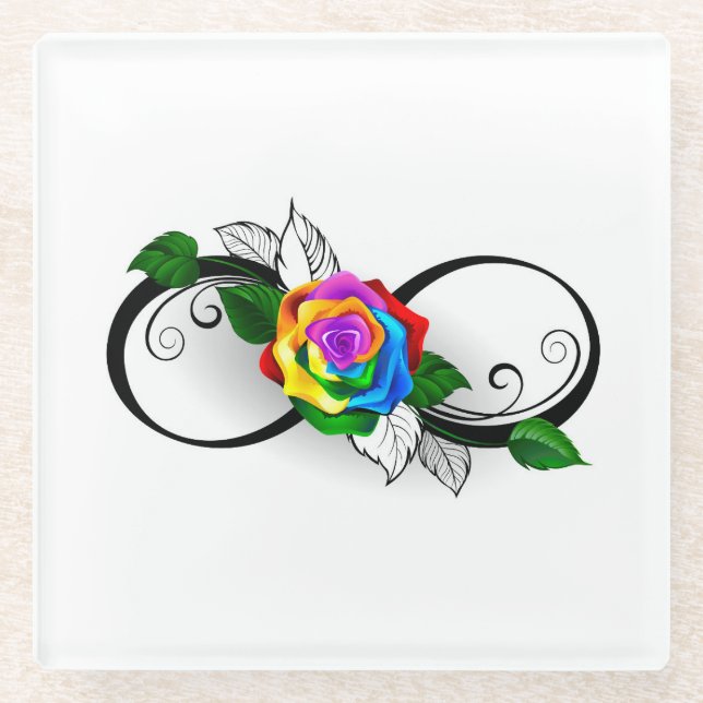 Posavasos De Vidrio Símbolo de infinito con rosa arcoíris (Anverso)