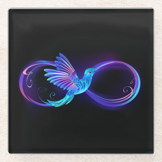 Posavasos De Vidrio Símbolo de infinito neón con colibrí brillante (Anverso)