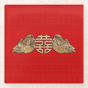 Posavasos De Vidrio Símbolo dorado de felicidad doble con pavos manda