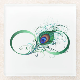 Posavasos De Vidrio Símbolo infinito con pluma de pavo real