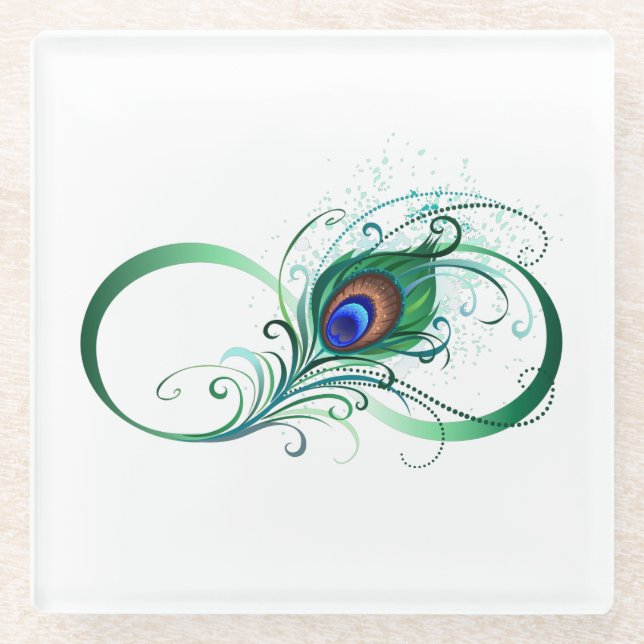 Posavasos De Vidrio Símbolo infinito con pluma de pavo real (Anverso)