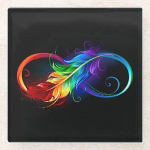 Posavasos De Vidrio Símbolo infinito con plumas arcoiris