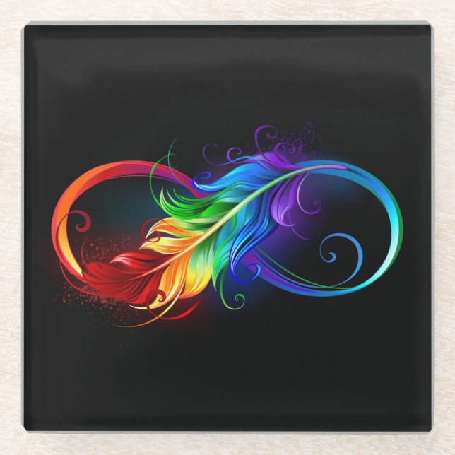 Posavasos De Vidrio Símbolo infinito con plumas arcoiris (Anverso)